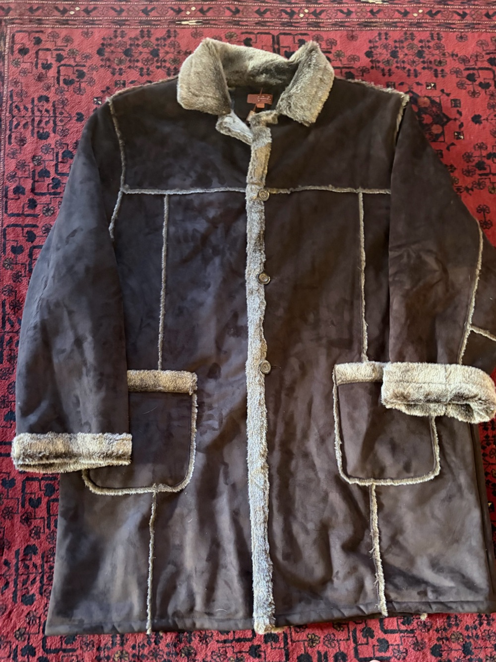 Classic Faux Shearling Trim Brown Coat